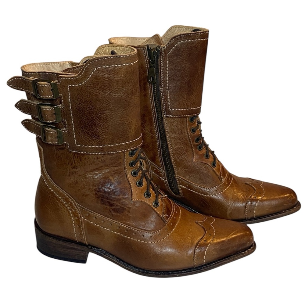 Bed Stu Oak Tree Farms Boots Womens 6.5 Rustic Brown Leather 3 Buckle Ankle Wrap